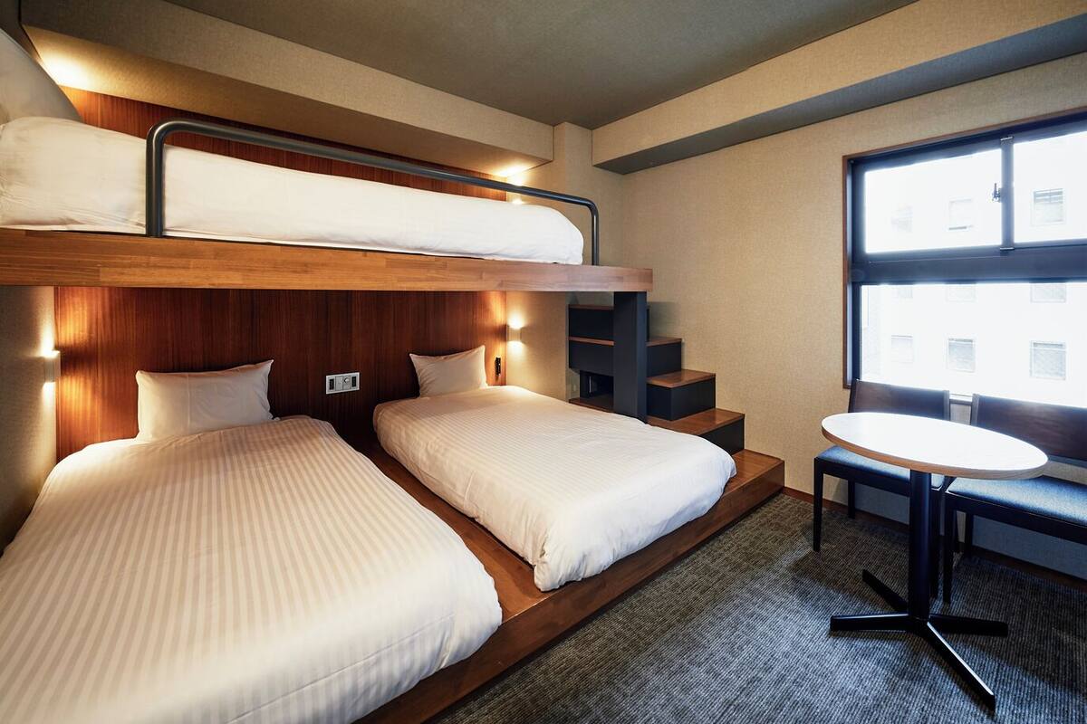 A hotel room with two beds, a small table, and a window.