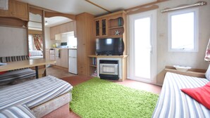 A compact RV interior with a kitchenette, a television, a green rug, and a striped sofa. - Ideal rural location for beaches, hills, forests, waterfalls and town (Bow Street)