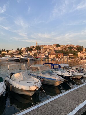 A marina with several boats docked, a wooden dock, and a historic town in the background.