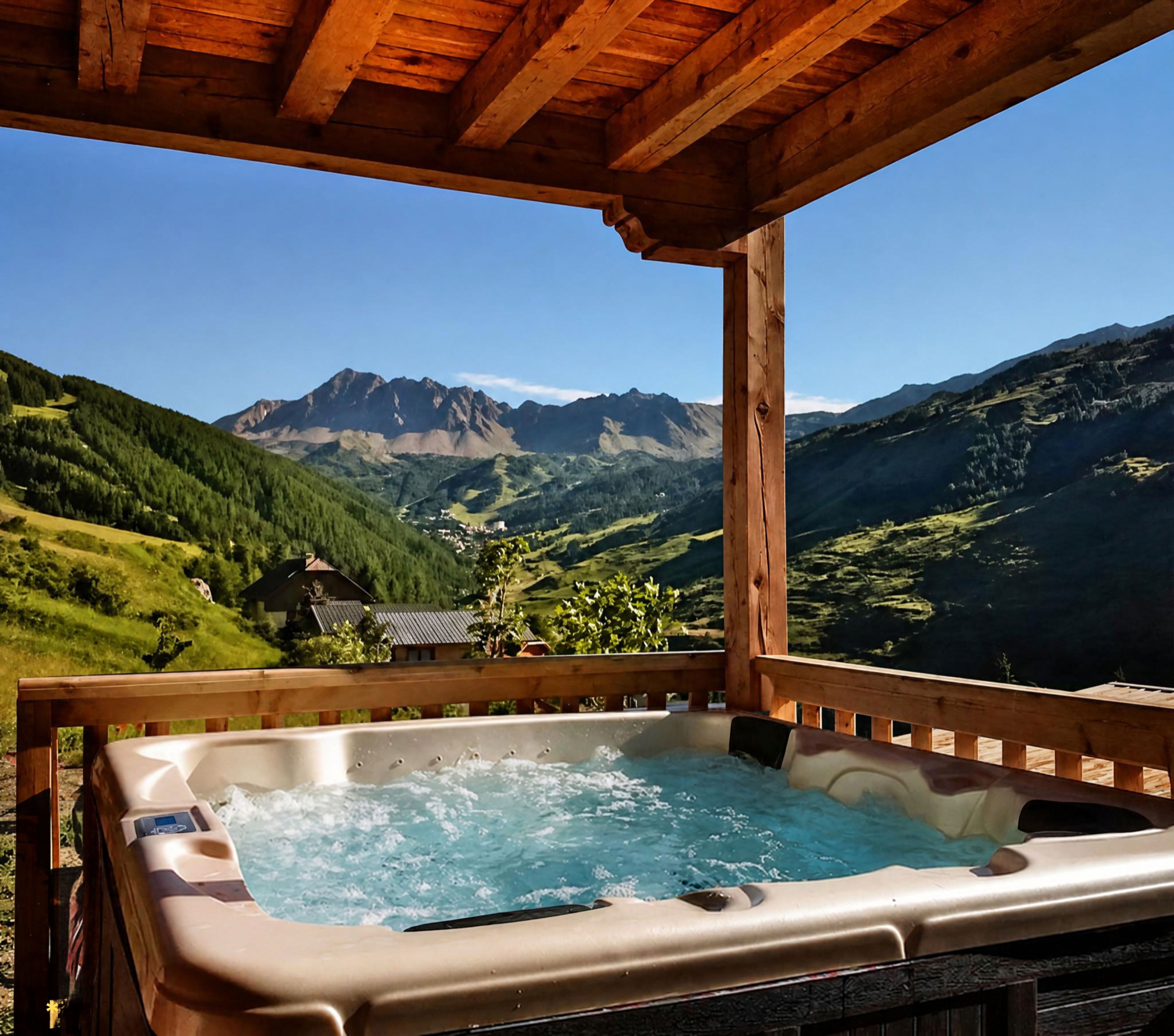 A hot tub with a mountain view, wooden deck, and a chalet in the background.