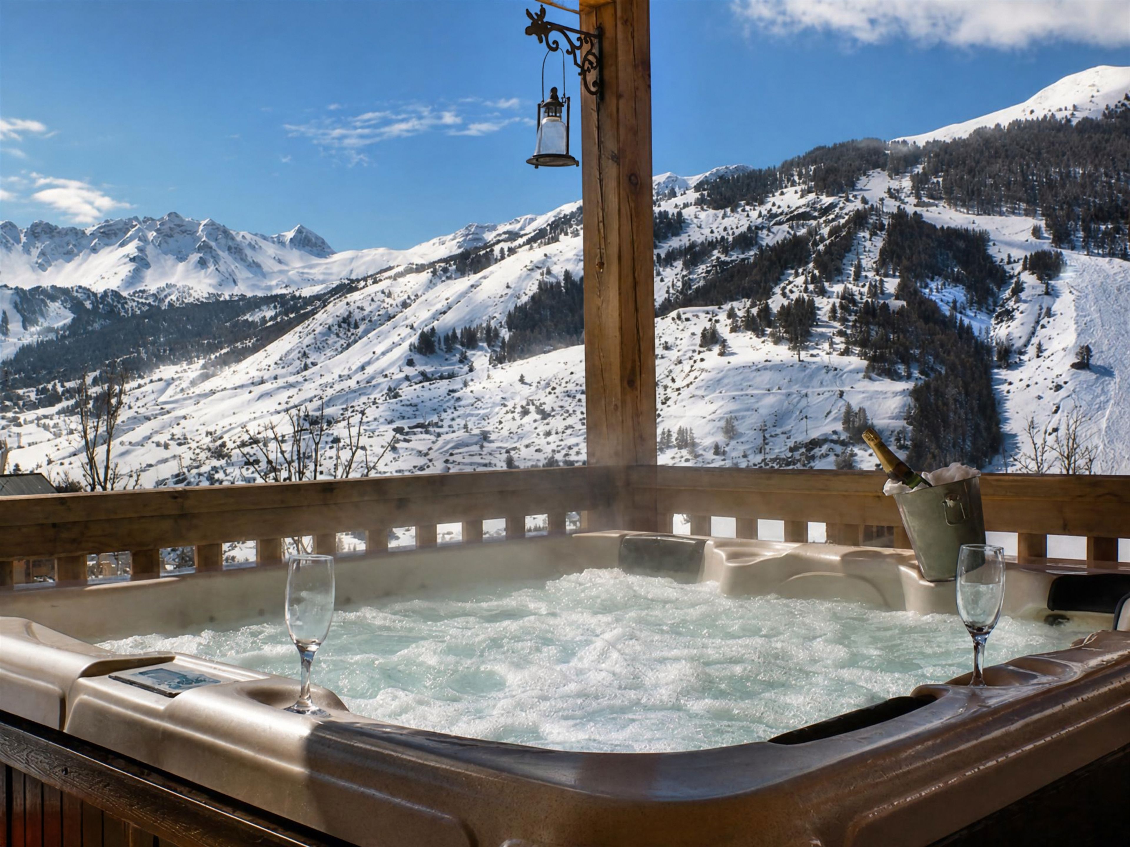 A hot tub with a wooden railing, two glasses, and a bottle of champagne, overlooking a snowy mountain landscape.