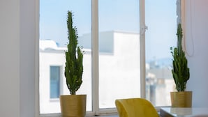 Una ventana con dos cactus en macetas sobre un alféizar, una silla amarilla y un edificio blanco al fondo.