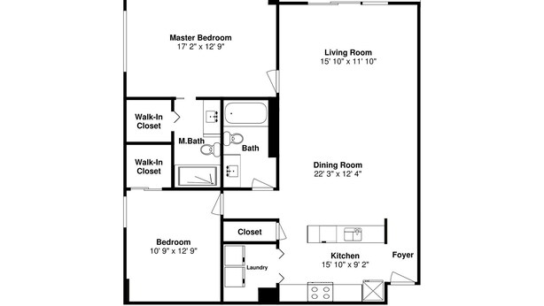 A floor plan of a house with a master bedroom, living room, dining room, kitchen, master bathroom, walk-in closets, and a balcony.