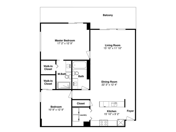 Plano de planta de una casa con dormitorio principal, sala de estar, comedor, cocina, baño principal, vestidores y un balcón.