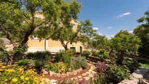 Un edificio de fachada amarilla, rodeado de un jardín con diversas plantas y flores.