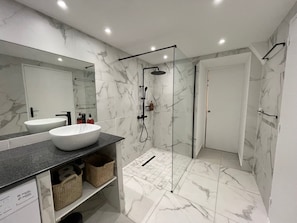 Shower, hair dryer, towels, soap