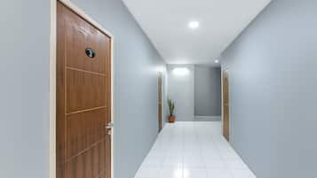 Un pasillo con una puerta de madera marcada con el número '3', una planta en maceta y un piso de baldosas.