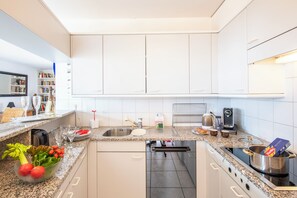 Family Apartment, 2 Bedrooms, 2 Bathrooms (Divina Minusio) | Private kitchen | Fridge, microwave, oven, stovetop