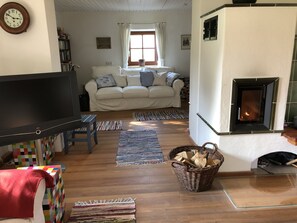 TV, fireplace, books, music library