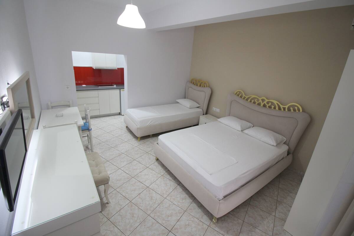 A bedroom with two beds, a desk, and a kitchenette.