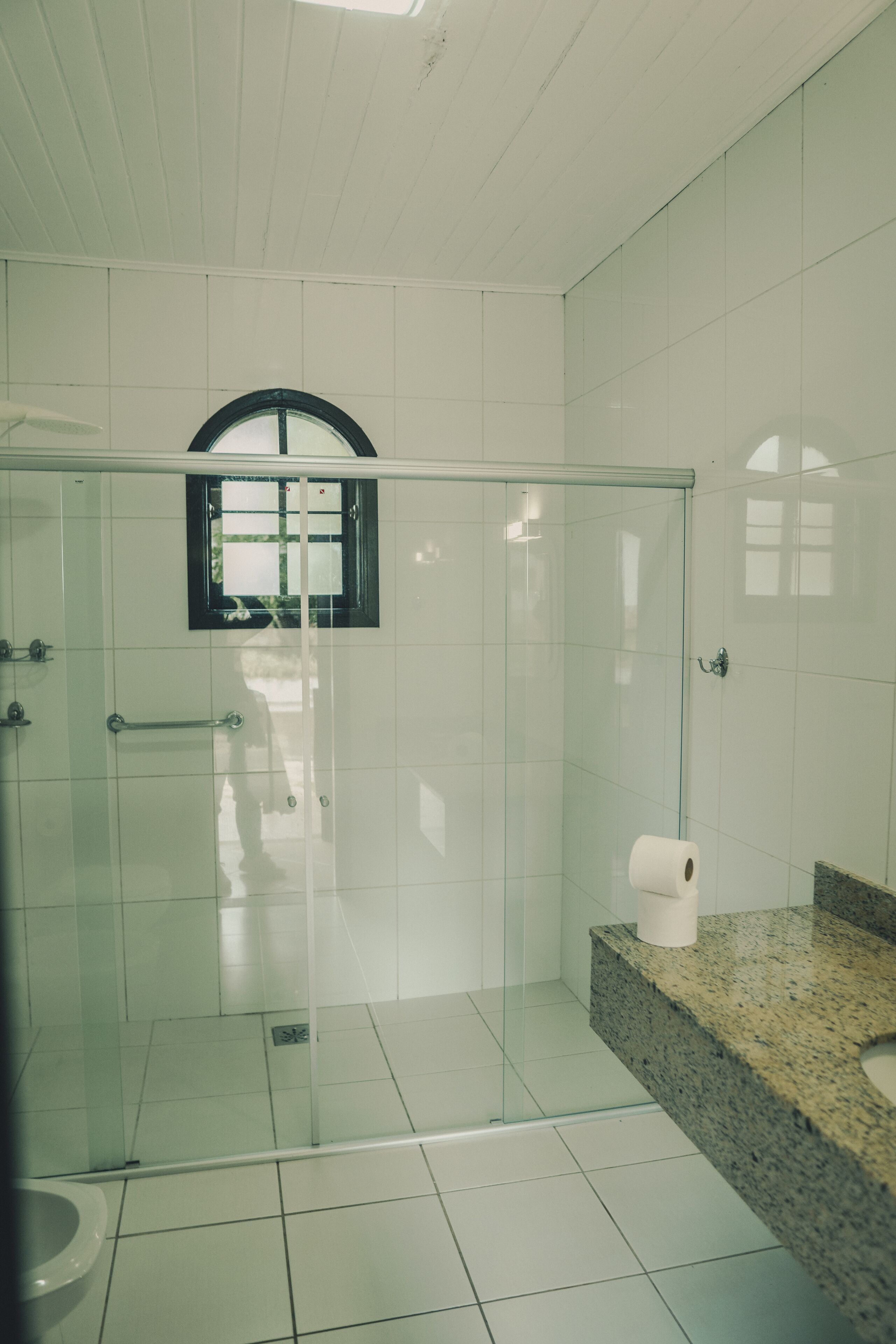 A modern bathroom with a glass shower enclosure, a toilet, and a sink with a granite countertop.
