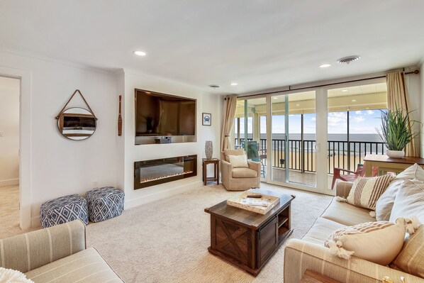 Smart TV, fireplace, DVD player