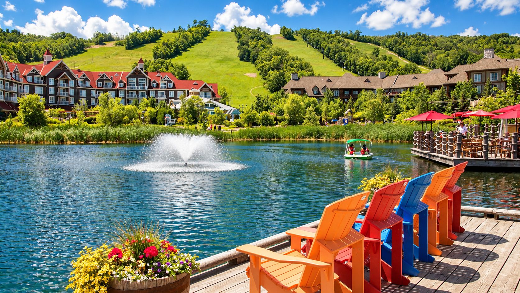 Un hotel sul lago con un pontile, poltrone Adirondack colorate, una fontana e una barca.
