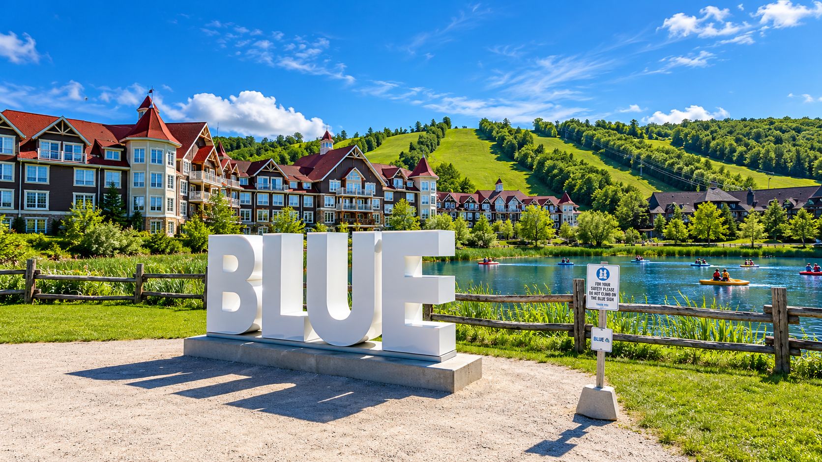 Segnaletica con la scritta 'BLUE' a grandi caratteri, un lago con barche e sullo sfondo case e vegetazione.