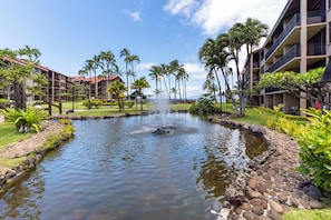 Stroll through the tranquil courtyard, surrounded by lush greenery and palm trees, and enjoy the soothing sounds of the central fountain.