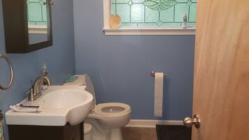 Shower, towels, soap, toilet paper