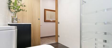 A modern bathroom with a toilet, a glass shower enclosure, and a wooden door leading to a hallway.