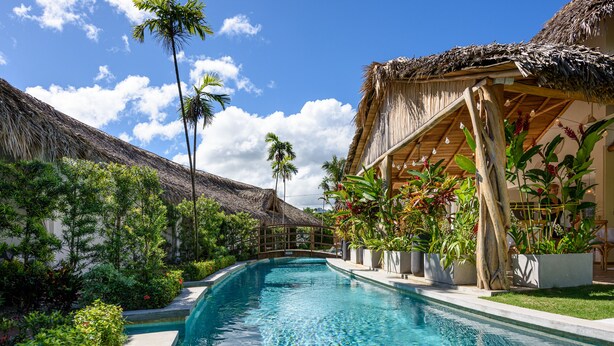 A swimming pool with a thatched roof structure, surrounded by lush greenery and palm trees. - Takuma Boutik Hotel (Las Terrenas)