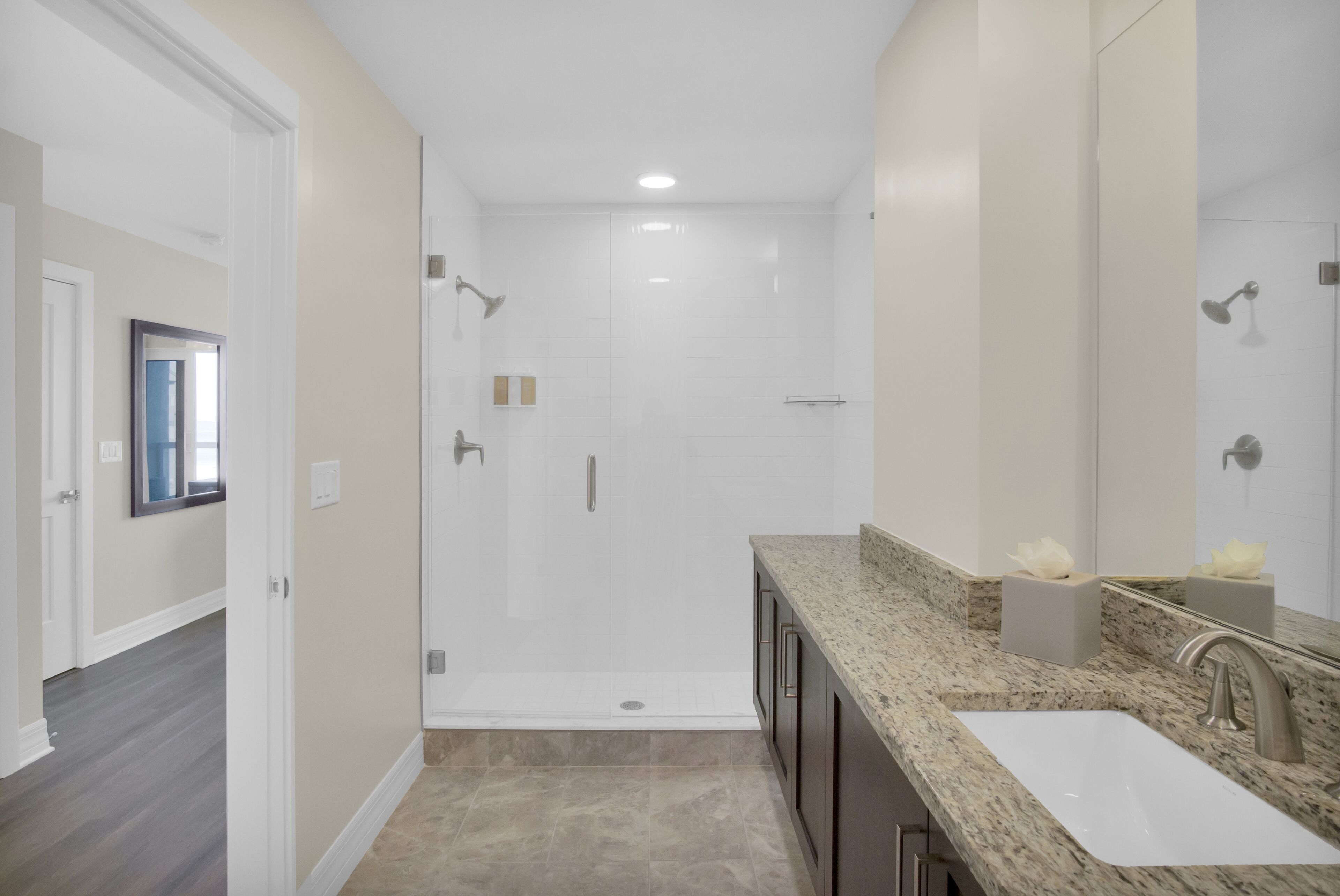 A modern bathroom with a walk-in shower, a vanity with a sink, and a large mirror.