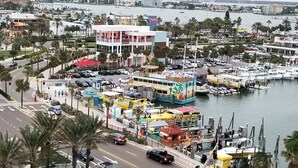 A marina with boats, a colorful building with a tropical theme, and a road with traffic lights.