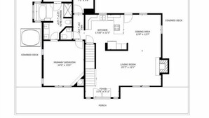 Pianta di una casa con una veranda coperta, camera da letto principale, soggiorno, cucina, sala da pranzo, lavanderia, bagno, ingresso e garage.