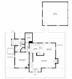 A floor plan of a house with a covered deck, primary bedroom, living room, kitchen, dining area, laundry, bathroom, foyer, and garage.