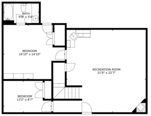 A floor plan of a house with two bedrooms, a bathroom, and a recreation room.