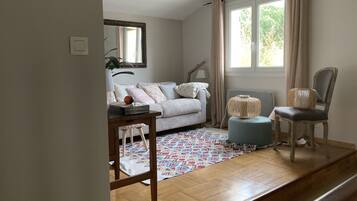 Télévision, cheminée, livres