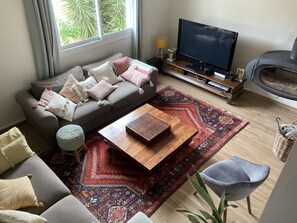 Télévision, cheminée, livres