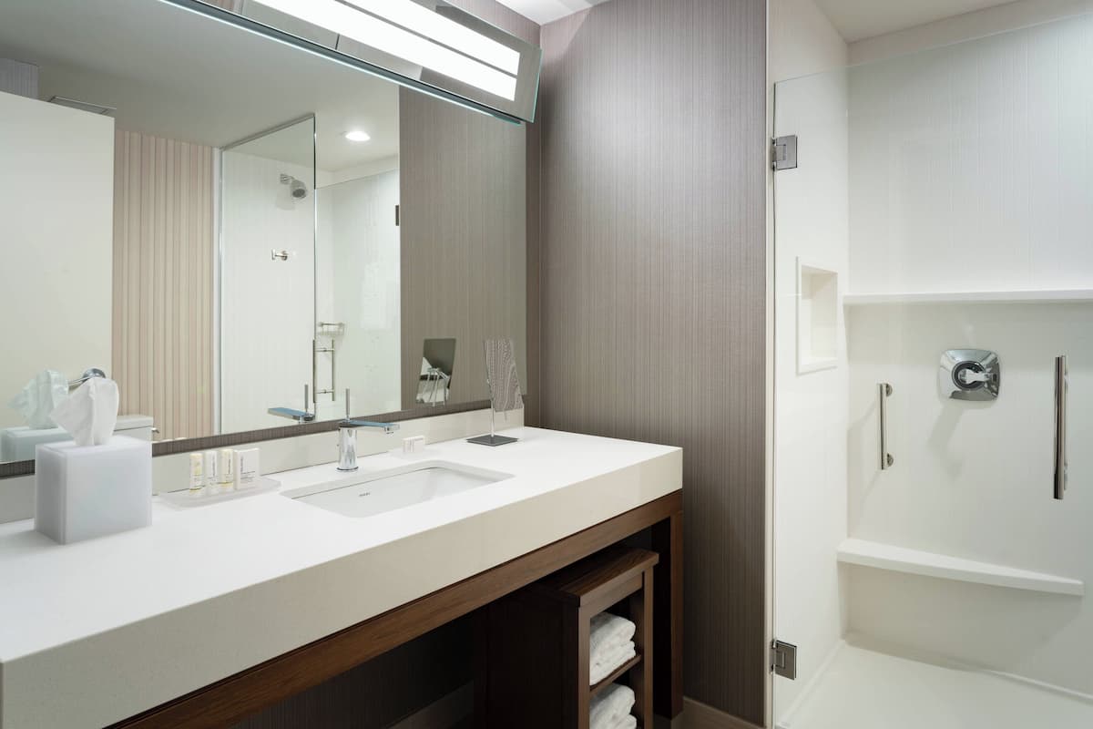 Un baño moderno con un lavamanos blanco, un espejo grande y una zona de ducha.
