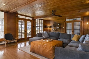 Smart TV, fireplace, books, music library