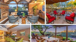 A modern home with a fireplace, outdoor seating, a dining area, and a kitchen. - Casa Velo -Mid Century Hot Tub & Amazing Backyard (Tucson)