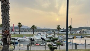 Un port de plaisance avec des bateaux amarrés, des palmiers et un ciel dégagé.