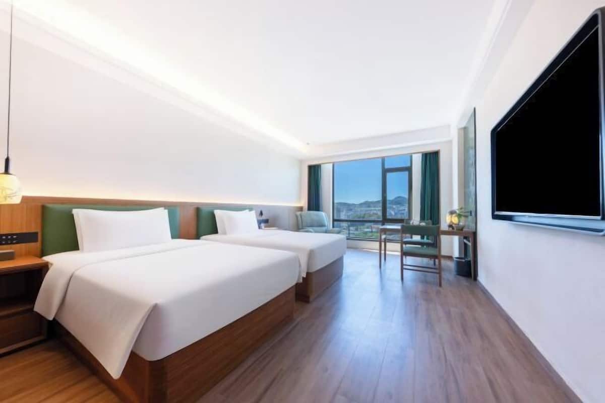 Habitación de hotel con dos camas, televisor, escritorio y vistas a la ciudad.