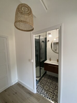 Regadera, secadora de cabello, toallas, papel de baño 