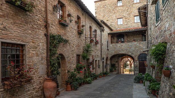 Un estrecho callejón de piedra con puertas ojivales, plantas en macetas y cestas de flores colgantes.