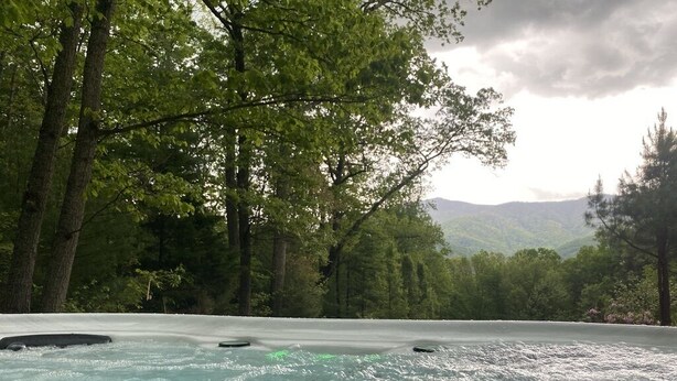 Une source thermale entourée d’arbres, avec des montagnes en arrière-plan.