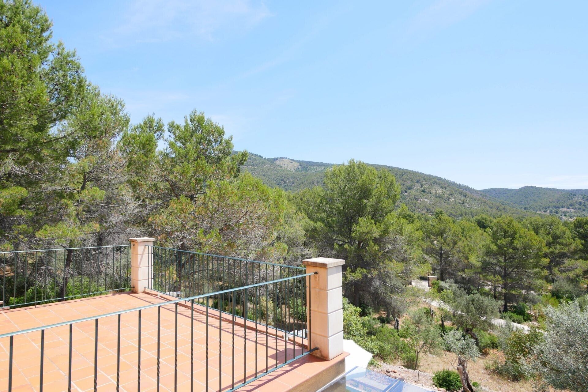 Eine Terrasse mit Metallgeländer, mit Blick auf eine gebirgige Landschaft mit dichtem Baumbestand.