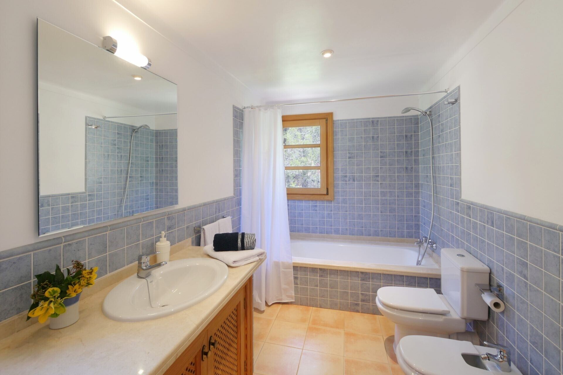 Un bagno con una vasca, un water, un lavandino e uno specchio grande.