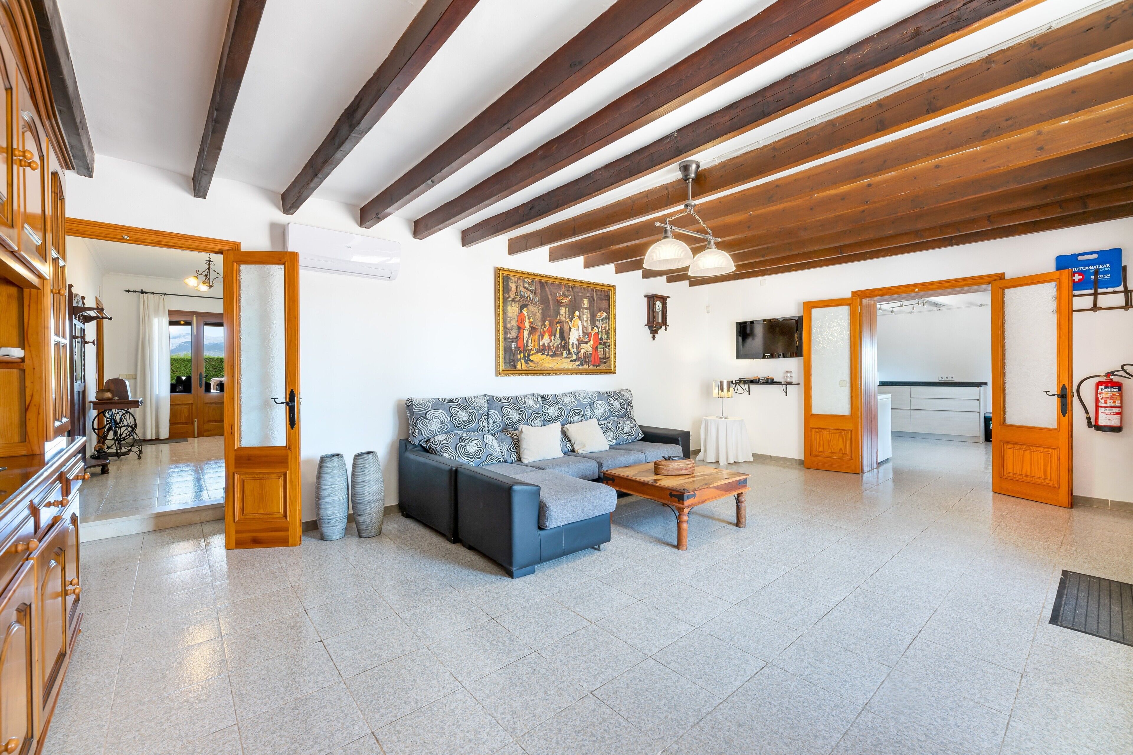 Télévision, cheminée, lecteur de DVD, table de tennis de table