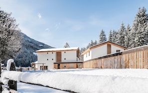 A modern building with a white facade and wooden accents, surrounded by snow-covered trees and a mountain in the background.