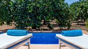 Un área junto a la piscina con dos sillas de descanso y una toalla azul en cada una.