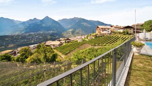 A hillside property with a vineyard, a swimming pool, and a view of distant mountains. - Apartment "Haus Hohenrain 4" with Mountain View, Pool, Wi-Fi, Balcony & Garden (Schenna)