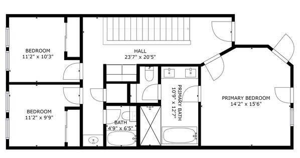 A floor plan of a hotel with two bedrooms, a hall, a bathroom, and a primary bedroom.
