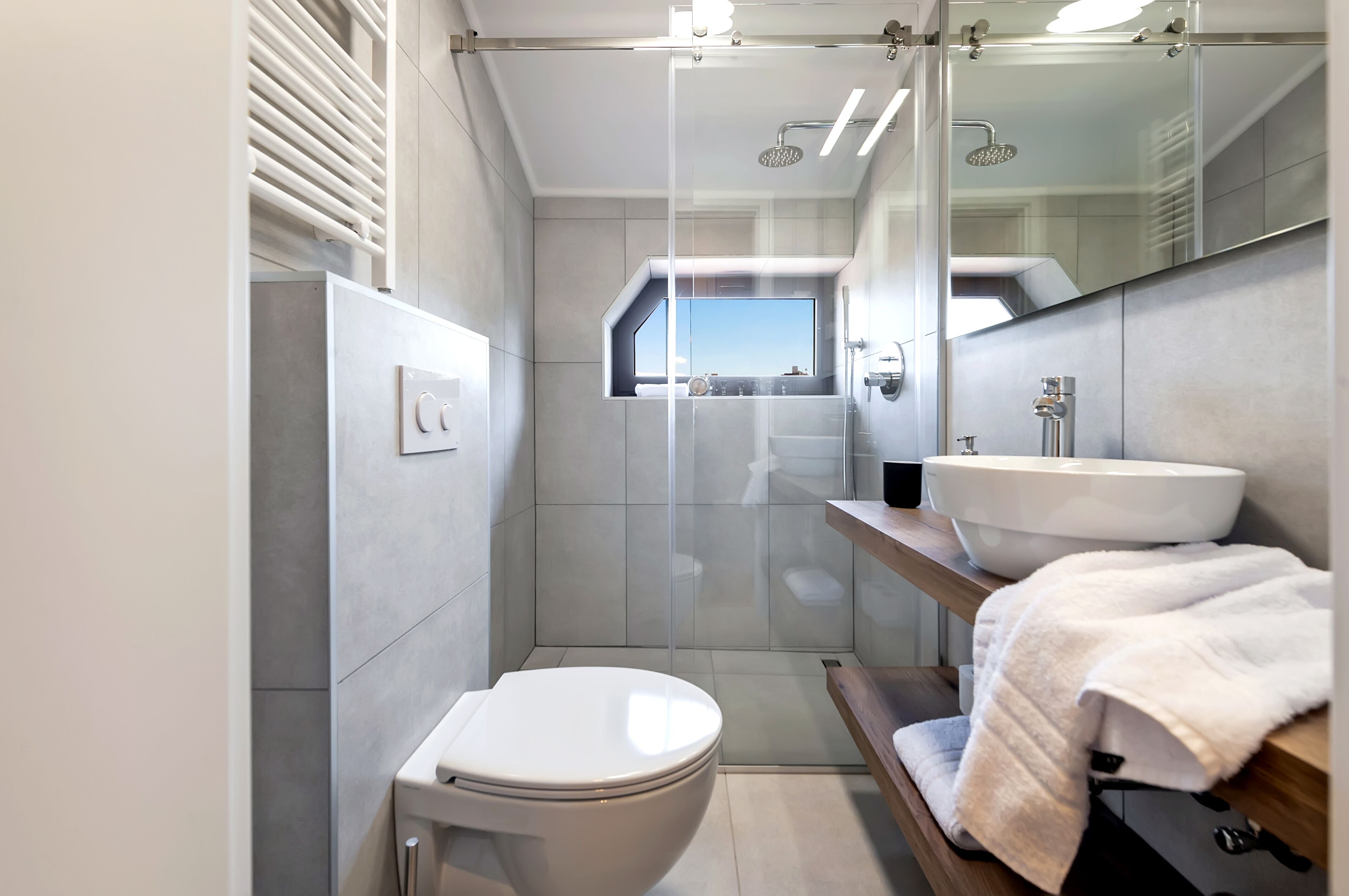 A modern bathroom with a glass-enclosed shower, a white toilet, a large sink, and a mirror.