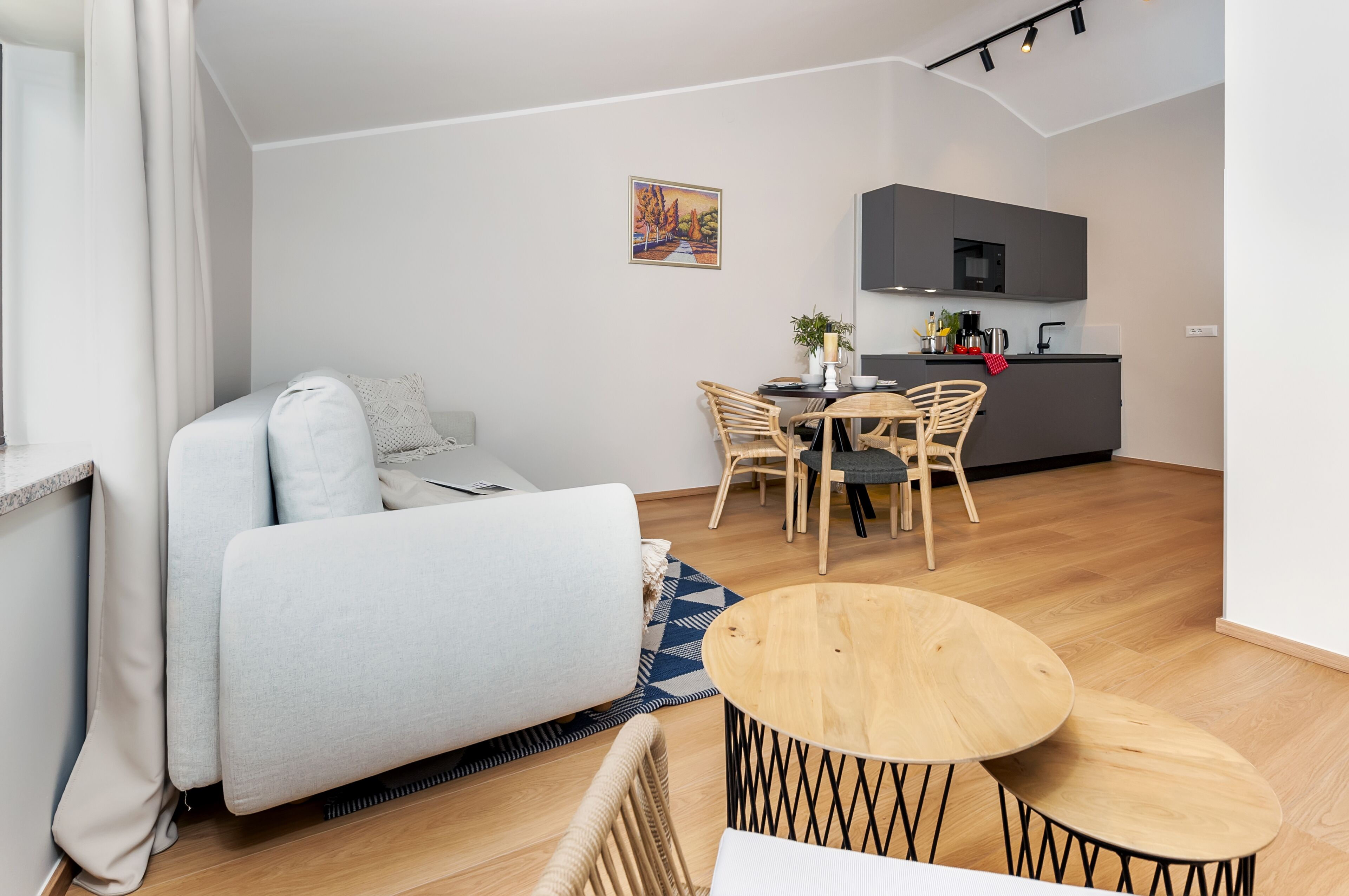 A modern living room with a sofa, a dining table, and a kitchen area with a microwave and sink.