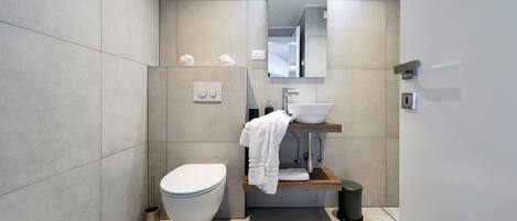 A modern bathroom with a toilet, sink, and mirror.