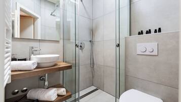 Un baño moderno con cabina de ducha de vidrio, un lavamanos blanco y un inodoro.