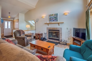 TV, fireplace, DVD player, books