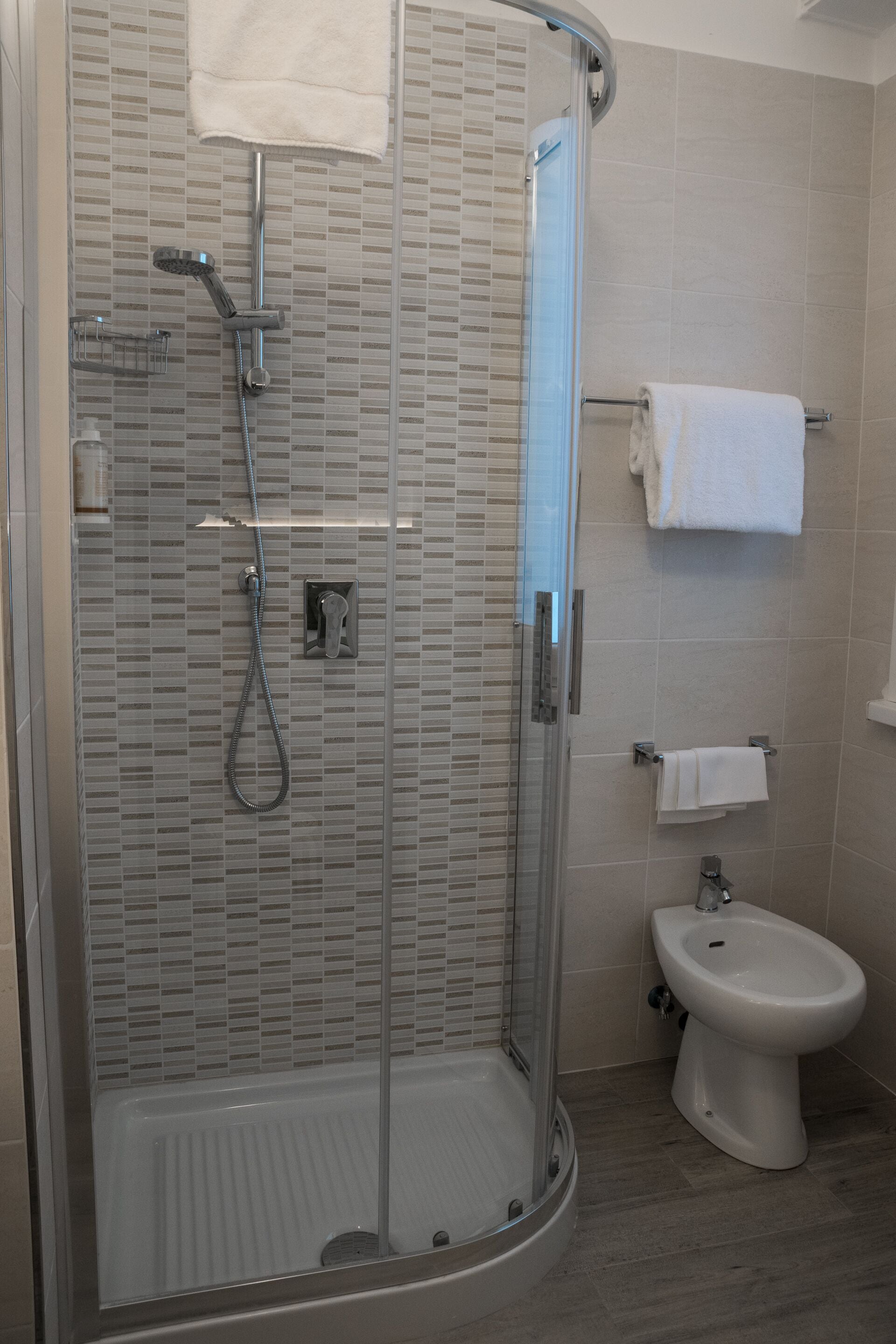 A modern bathroom with a glass-enclosed shower, a white pedestal bidet, and tiled walls.